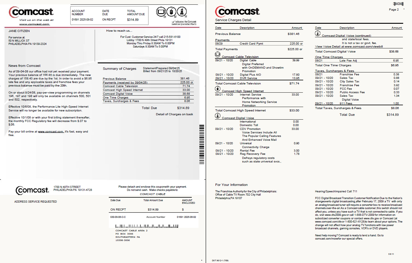 USA Comcast utility bill template in Word and PDF formats, 2 pages, version 2